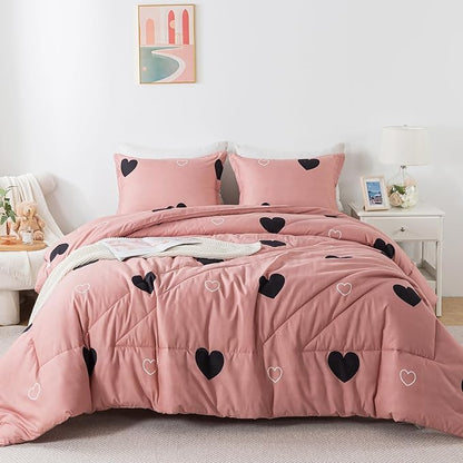 Love Pattern Girls Pink Comforter Set Twin Size, Cameo Brown Cute Love Heart Print Sexy Comforter Bedding Set for All Seasons, Geometric Soft Microfiber Comforter Set with Pillowcase