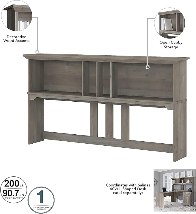 Bush Furniture Salinas Hutch, Desk Attachment with Shelf Storage for Home Office, 60W, Driftwood Gray