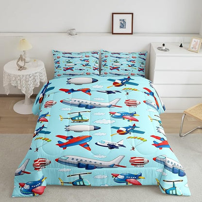 Feelyou Kids Aircraft Comforter Set Boys Cartoon Airplane Print Comforter Helicopter Flying Plane Bedding Set for Girls Travel Decor Duvet Set Cute Colorful Planes Room Decor King Size Quilt Boys