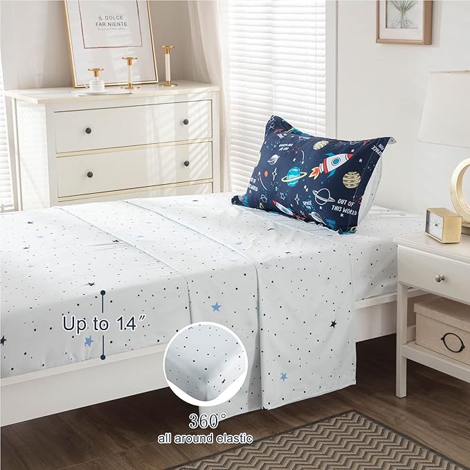 Planet Twin Comforter Set for Boys Girls 4-Piece Rocket Kids Bedding Sets Galaxy Space Stars Bedroom Decor - Include Reversible Comforter, Flat Sheet, Fitted Sheet and Pillowcase