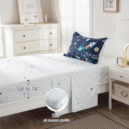 Planet Twin Comforter Set for Boys Girls 4-Piece Rocket Kids Bedding Sets Galaxy Space Stars Bedroom Decor - Include Reversible Comforter, Flat Sheet, Fitted Sheet and Pillowcase