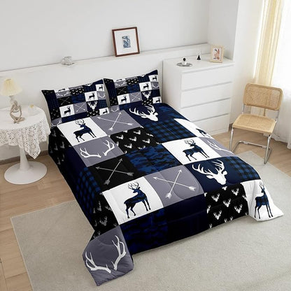 Manfei Camo Deer Antlers Comforter Set King Size,Geometric Plaid Patchwork Bedding 3pcs for Kids Teens Girls Boys Bedroom/Xmas Decor,Boho Arrows Quilt Set,Blue Grey Rustic Duvet Insert,2 Pillowcases