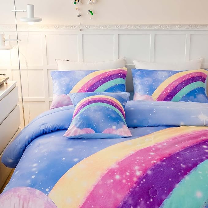 Aqua Blue Full Size Kids Comforter Sets for Girls, 6Pcs Colorful Rainbow Gradient Bedding Set, 3D Glitter Galaxy Bed in A Bag with Comforter, Sheets and Pillowcases for Teens
