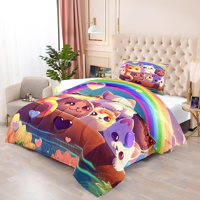 Cat Comforter Set, Cute Cat Bedding Set, Twin Size Comforter Set for Girls Cat Comforter Cartoon Cat Rainbow Printed Bedding Sets for Kids Girls Kawaii Cat Bedding Sets, 1 Comforter+1 Pillowcase