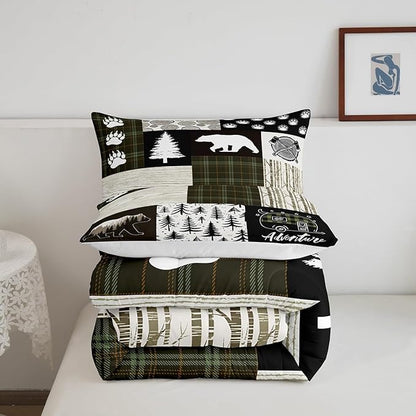 Bear Comforter Set Full Size,Pine Trees Animals Hunting Bedding Set for Kids Boys Girls Adults Room Decor,Camping Adventure Rustic Farmhouse Down Comforter,Green Plaids Duvet Insert,2 Pillowcases
