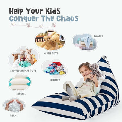 Nobildonna Stuffed Animal Storage Bean Bag for Kids (No Filler), Extra Large 250L Bean Bag Chair Cover Only, Washable Beanbag Without Filling Soft Premium Canvas Stuffable Bean Bag Cover (Blue/White)