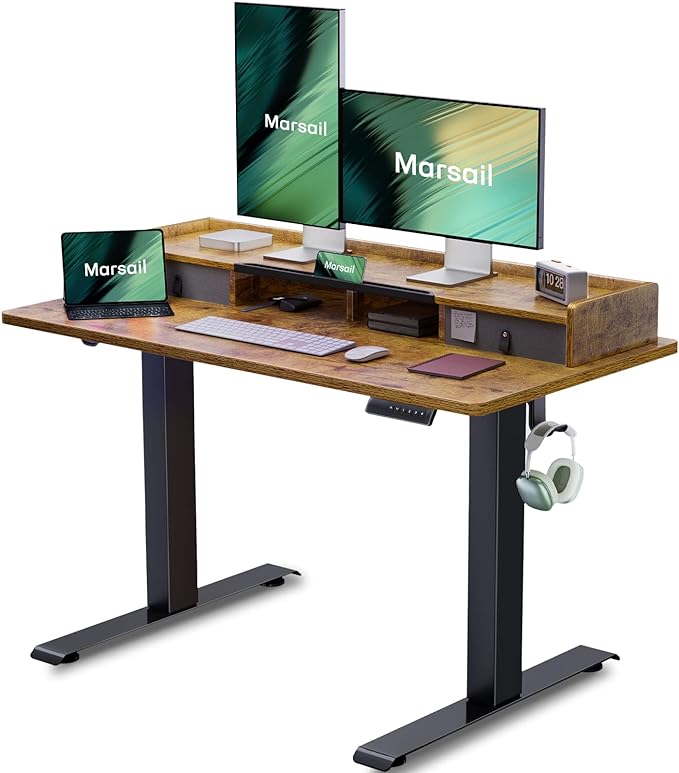Marsail Electric Standing Desk with Dual Drawers, 48 x 24 Inches Height Adjustable Desk with Storage Shelf, Sit Stand Desk with 4 Memory Preset, 2 Hooks, Stand Up Desk for Home Office, Vintage