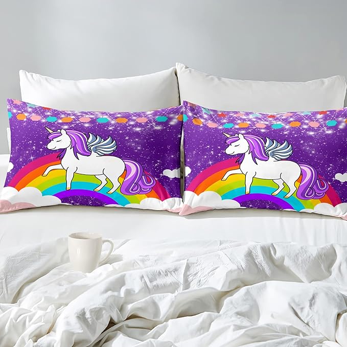 Unicorn Girls Full Size Bedding Sets Cartoon Unicorn Comforter Kids Bedding Set Cute Rainbow Unicorn Print Full Size Bedding Unicorn Kawaii Comforter Set, Purple, 1 Comforter+2 Pillowcases