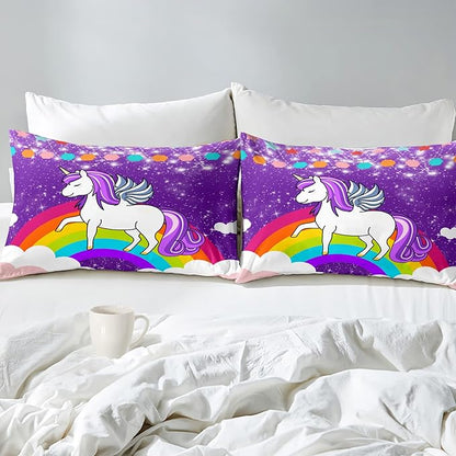 Unicorn Girls Full Size Bedding Sets Cartoon Unicorn Comforter Kids Bedding Set Cute Rainbow Unicorn Print Full Size Bedding Unicorn Kawaii Comforter Set, Purple, 1 Comforter+2 Pillowcases