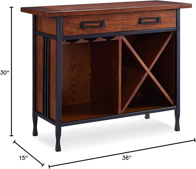 Leick Home 11240 Ironcraft Rustic One Drawer Mini-bar/Wine Stand with Glass and Bottle Storage, Mission Oak, 16 x 36 x 30