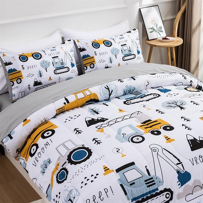 NTBED 5 Pieces Construction Truck Twin Comforter Set for Boys Kids Forest Vehicles Excavator Lightweight Microfiber Bedding Sets