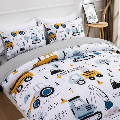 NTBED 5 Pieces Construction Truck Twin Comforter Set for Boys Kids Forest Vehicles Excavator Lightweight Microfiber Bedding Sets