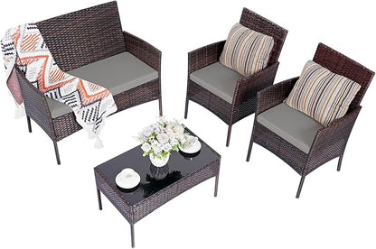 Patio Furniture Set 4 Pieces Conversation Sets Outdoor Wicker Rattan Chairs Garden Backyard Balcony Porch Poolside Loveseat with Soft Cushion and Tempered Glass Table(Brown/Grey)