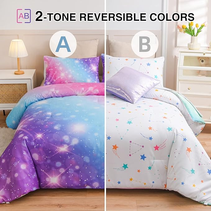A Nice Night 6Pcs Gradient Glitter Bedding Set for Girls Twin Size, Colorful Rainbow Galaxy Comforter Set, Ultra Soft Bedding Sets, Purple
