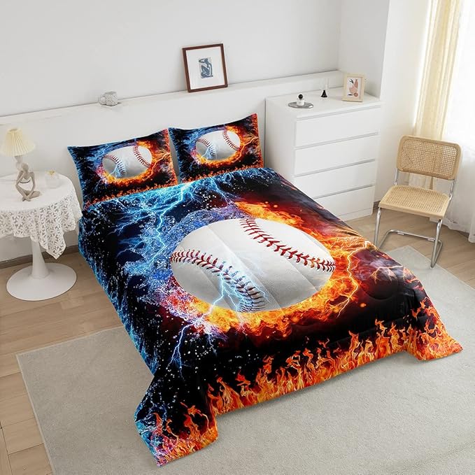 Erosebridal Baseball Comforter Set King Size Sports Theme Bedding Kids Teens Boys Fire and Ice Sports Baseball Quilted Duvet Decoration 3 Pcs Bedding Comforters Red Blue with 2 Pillowcases