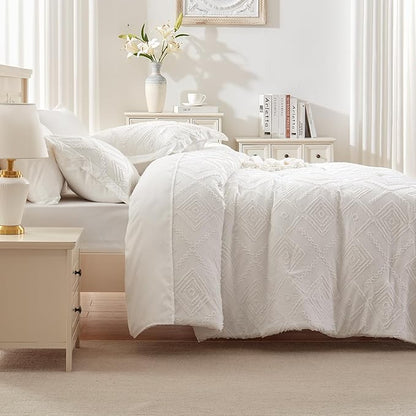 EMME Queen Comforter Set - 7 Pcs White Boho Bedding Sets, Full Size Tufted Comforter with Sheets, Shabby Chic Embroidery Bed Set Fluffy Bed Bag for All Season(90"X90")