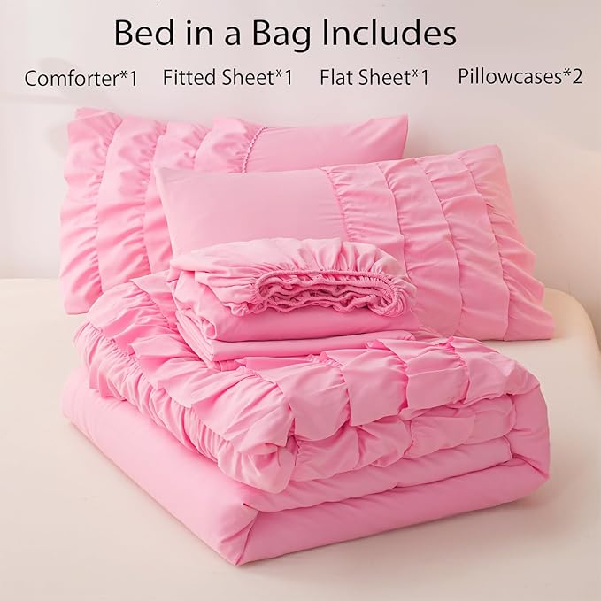 Teen Girls Pink Princess Dress Comforter Set Queen Size, 5 Pcs Bed in a Bag Girls Queen, Girls Pink Ruffled Bedding Set, Teen Bedding Sets for Girls Kids with Sheets