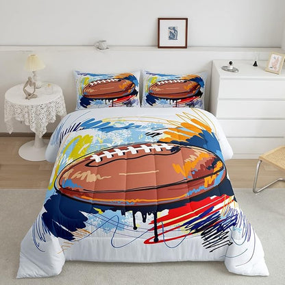Boys Football Comforter Set Full Kids Teen Sports Bedding Set Bedroom Decor,Watercolor Tie Dye Hand Drawn Graffiti Football Bedding Comforter Sets Rugby Quilt Duvet 2 Pillow Cases Colorful Brown