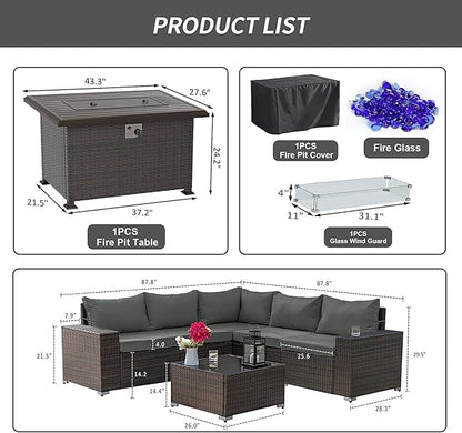 Kullavik 7 PCS Outdoor Patio Furniture Set with 43" 55000BTU Gas Propane Fire Pit Table PE Wicker Rattan Sectional Sofa Patio Conversation Sets for Outdoor,Grey