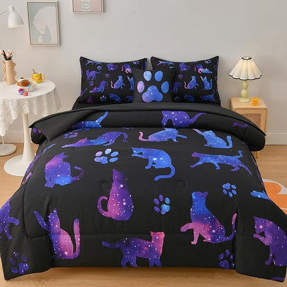 DORCAS Cute Cat Twin Comforter Set for Girls Starry Sky Bedding Sets Twin Girls 6 Pieces Animal Twin Bed-in-A-Bag with Comforter,Sheets,Pillowcases for Kids
