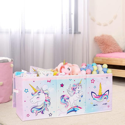 WERNNSAI Unicorn Toy Box Chest – Large Toy Chest Organizer with Flip-Top Lid Collapsible Sturdy Storage Bin with Handles 38 x 13 x 16 Inch for Kids Girls Pink Closet Nursery Living Room Bedroom