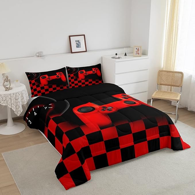 Gaming Comforter for Boys Teen,Game Controller Bedding Set for Kids,Down Alternative Comforter for All Season,Gamer Home Decor for Young Man Comforter Set with Buffalo Check Plaid Duvet Quilted,Queen