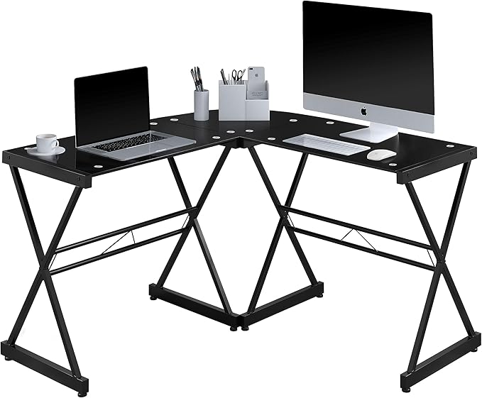 Techni Mobili RTA-3805L-BK L-Shaped Glass Computer Desk, Black, 51" D x 51" W x 29" H