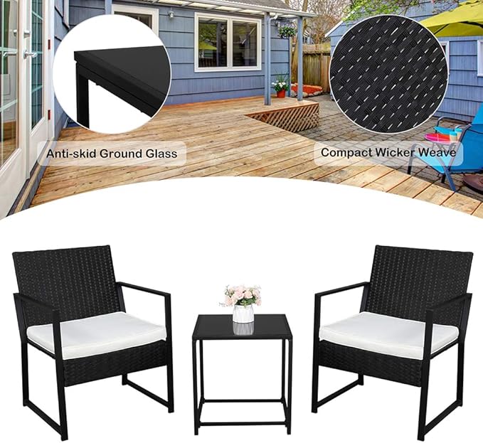 Outvita 3PCS Rattan Conversation Set, Outdoor Wicker Furniture Bistro Set 2 Chairs and Glass Top Table for Small Balcony Backyard Patio(Black)