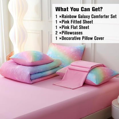 JQinHome Glitter Bedding Set Twin Size,6 Piece Bed in A Bag 3D Colorful Rainbow Galaxy Comforter Set for Girls Kids-All Season Microfiber Tie-Dye Bedding Sets(Rainbow)