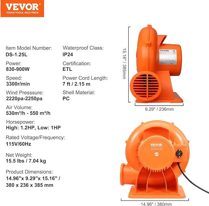 VEVOR Inflatable Blower, 900W, 1 HP & 1.2 HP Bounce House Blower, Commercial-grade Air Blower for Inflatables, 3300 RPM, Bouncy Castle Electric Blower Perfect for Bounce House, Waterslides, ETL Listed