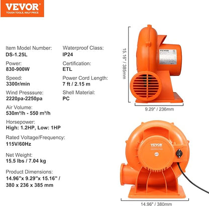 VEVOR Air Blower, 2-Speed Inflatable Blower, 1HP and 1.2HP, Portable and Powerful Bounce House Blower, Commercial Bouncy Castle Electric Blower, Used for Inflatable Bouncy Castle and Jump Slides