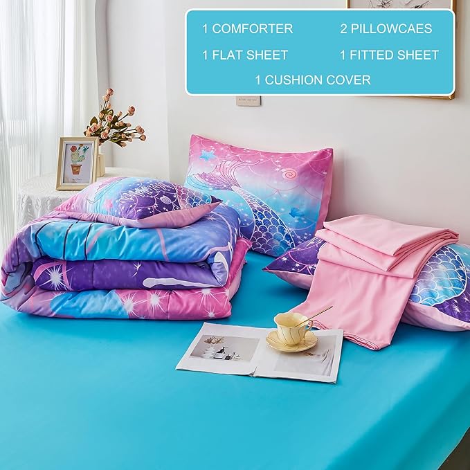 URBONUR 6Pcs Purple Blue Comforter Set Queen Size for Girls Bed in a Bag Queen Bedding Set with Comforter and Sheets Set, Gradient Mermaid Tail Printed Bed Sets for Teens Girls Women