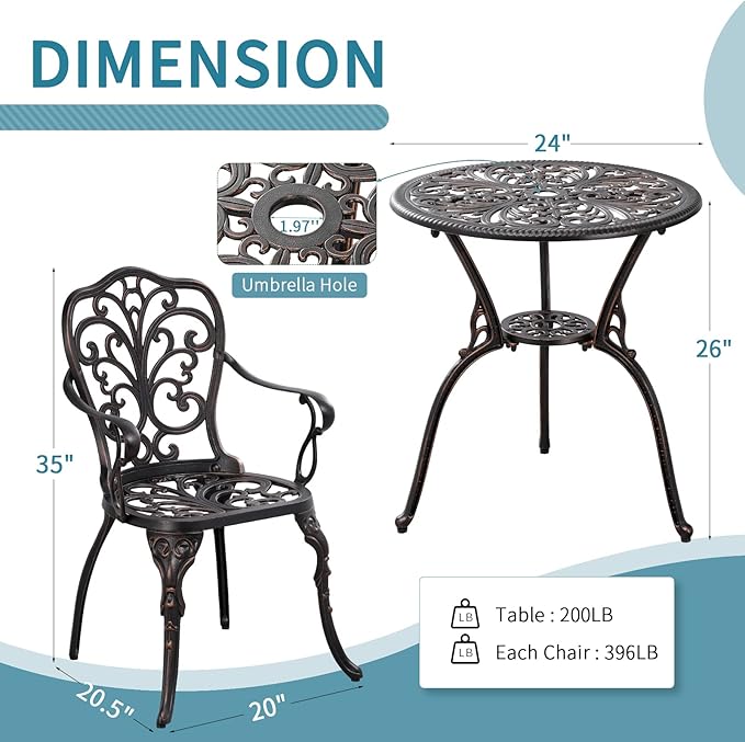 Outdoor Bistro Table and Chairs Set of 2 Cast Aluminum Patio Bistro Set with Umbrella Hole, All Weather Bistro Table Set for Garden, Bronze