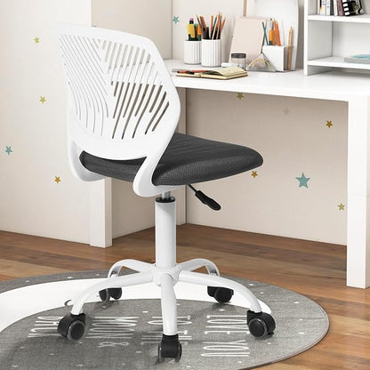 FurnitureR Desk Chair Small Study Chairs Armless for Child Kids Teens, Swivel Rolling Lightweight Task Chair with Wheels and Mesh Padded Cushion, Black/Grey