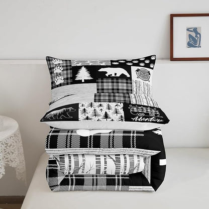 Bear Plaids Comforter Set Queen Size,Pine Trees Animals Hunting Bedding Set for Kids Boys Girls Adults Room Decor,Adventure Rustic Farmhouse Down Comforter,Black Retro Duvet Insert,2 Pillowcases