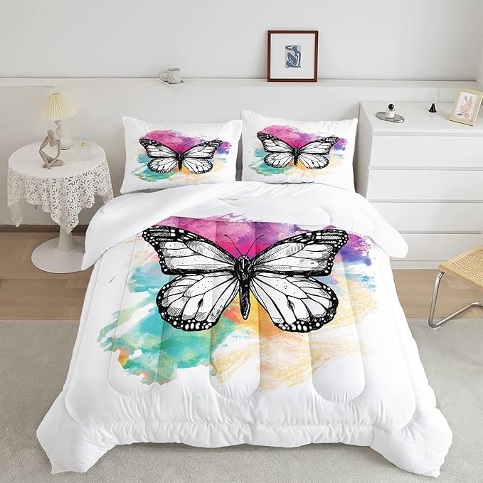 CVHOUSE Butterfly Bedding Set,Butterfly Comforter Queen,Butterfly Comforter Set for Girls Kids Teens,Butterflies Quilt Set with 1 Comforter and 2 Pillow Cases- 3 Piece