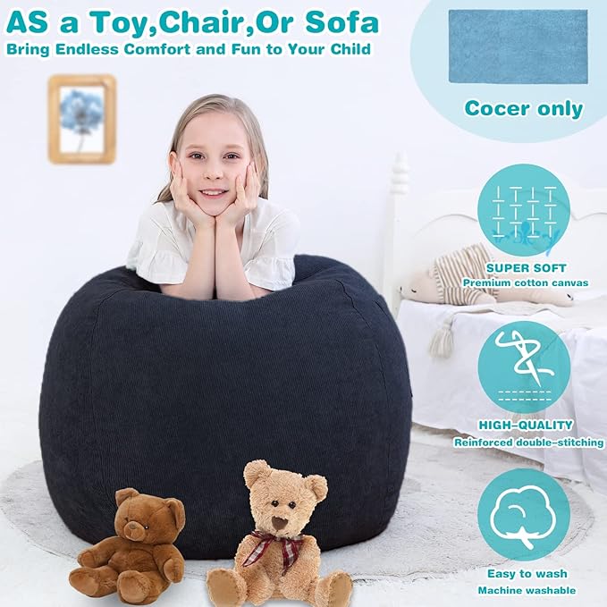 Bean Bag Chair Cover (No Filler) Stuffed Animal Storage for Kids .Soft Premium Corduroy Stuffable Beanbag for Organizing Children Plush Toys or Memory Foam Small 100L (Black)