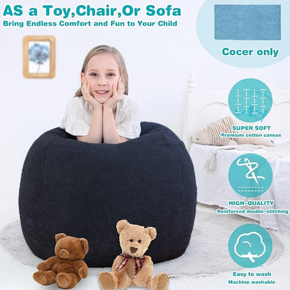 Bean Bag Chair Cover (No Filler) Stuffed Animal Storage for Kids .Soft Premium Corduroy Stuffable Beanbag for Organizing Children Plush Toys or Memory Foam Small 100L (Black)