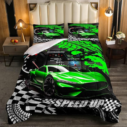 Feelyou Kids Boys Girls Race car Comforter Twin Size, Green Race Car Buffalo Plaid Comforter Set for Teens Toddler Sports Car Bedding Set Racing Car Duvet Set Room Decor Quilt Set Bedding Collection