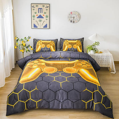 NTBED Game Console Comforter Set for Boys Girls Kids 3D Gaming Geometric Lightweight Microfiber Bedding Sets (Gold, Twin)