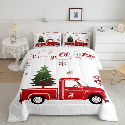 Christmas Tree Comforter Set Full Size Red Truck Bedding Set Boys Girls Red Xmas Gift Snowflakes Comforter for Teens Bedroom Decor Elk Deer Christmas Decorations Bedding Duvet Set