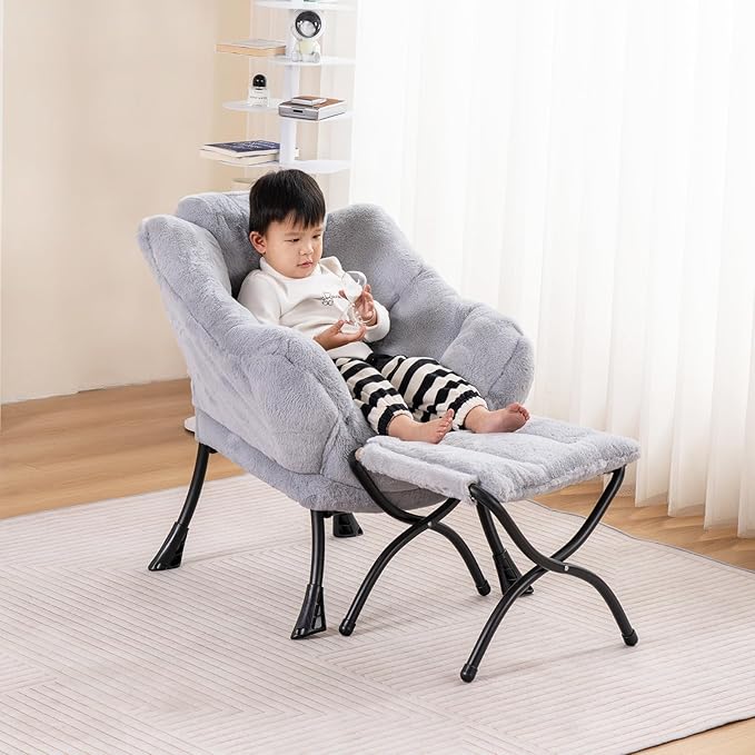 Welnow Toddler Kids Lazy Chair with Ottoman, Accent Comfy Lounge Children Armchair Couch with Armrest and Removable Cover, Detachable Reading Chair with Footrest for Boy or Girl, Plush Grey