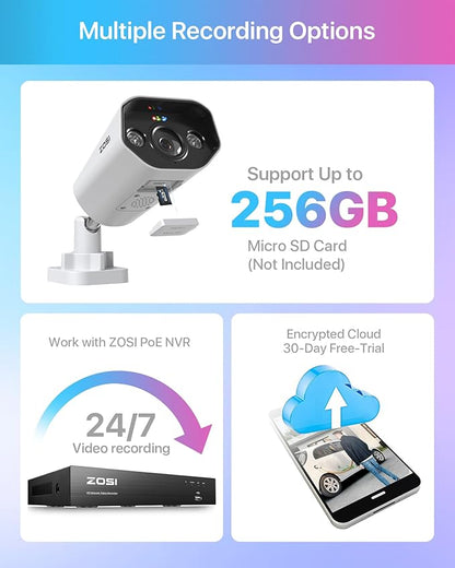 ZOSI 2PK 4K PoE Add-on Cameras with Ethernet Cables,Person/Vehicle Detection,2 Way Audio,Night Vision,Spotlight Siren,8MP Weatherproof Outdoor Indoor IP Security Camera Only Work 4K PoE NVR