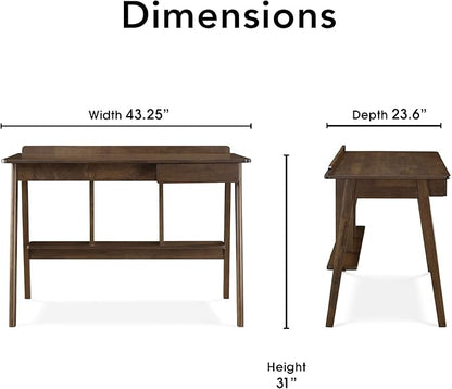 Finch Darren Home Office Drawer Mid Century Accent Desk, 43 Inch Wide Simple Modern Study Table, Walnut Brown