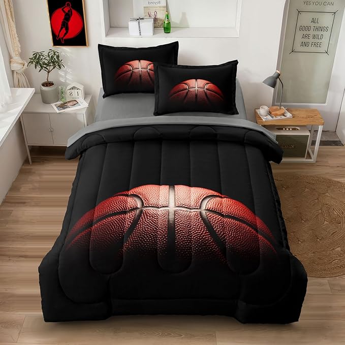 Teenage Boy Bedding Sets Full Size 5 Pieces Basketball Comforter Set for Boys Bed in a Bag Set, Basketball Bedding Full, Red Black
