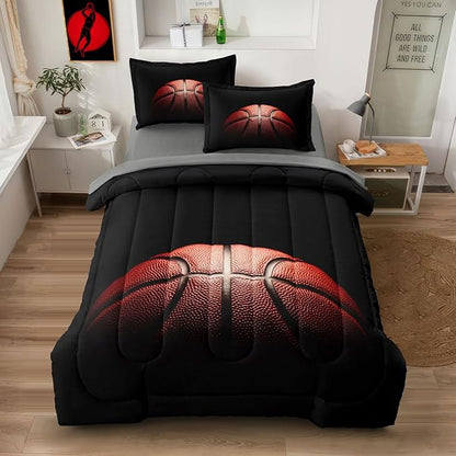 Teenage Boy Bedding Sets Full Size 5 Pieces Basketball Comforter Set for Boys Bed in a Bag Set, Basketball Bedding Full, Red Black