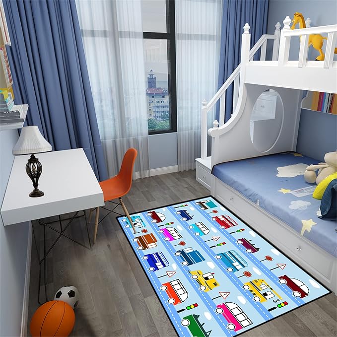 Car Rug Car Play Mat Kids Rugs for Playroom Car Rug Play Mat Rugs for Boys Bedroom Car Carpet for Kids Play Rug for Cars and Trucks Car Rug for Boys Room,Light Blue 2'5''×4'