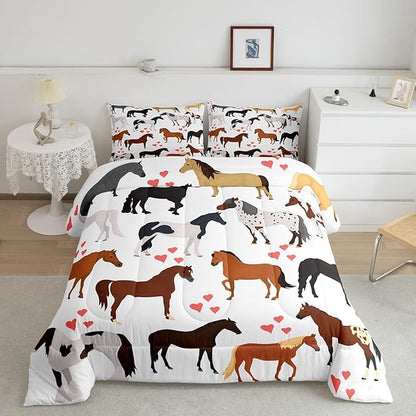 Erosebridal Kawaii Comforter Horse Comforter Set King Farm Bedding Set Kids Boys Girls Cute Animal Duvet Set Cartoon Horses with Pink Lover Heart Bedroom Decor Duvet Set Cowboy Cowgirls Comforter Set