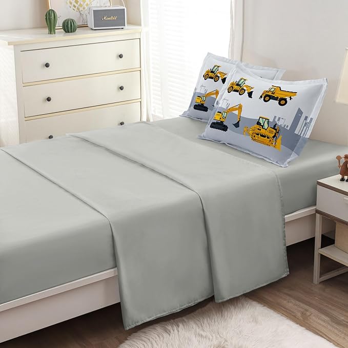 4-Pcs Construction Twin Size Boys Bedding Set, Kids Comforter Set for Teens with Sheets and Pillowcase, Soft Grey Tractor Cars Bed in a Bag Sets