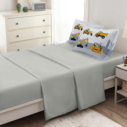 4-Pcs Construction Twin Size Boys Bedding Set, Kids Comforter Set for Teens with Sheets and Pillowcase, Soft Grey Tractor Cars Bed in a Bag Sets